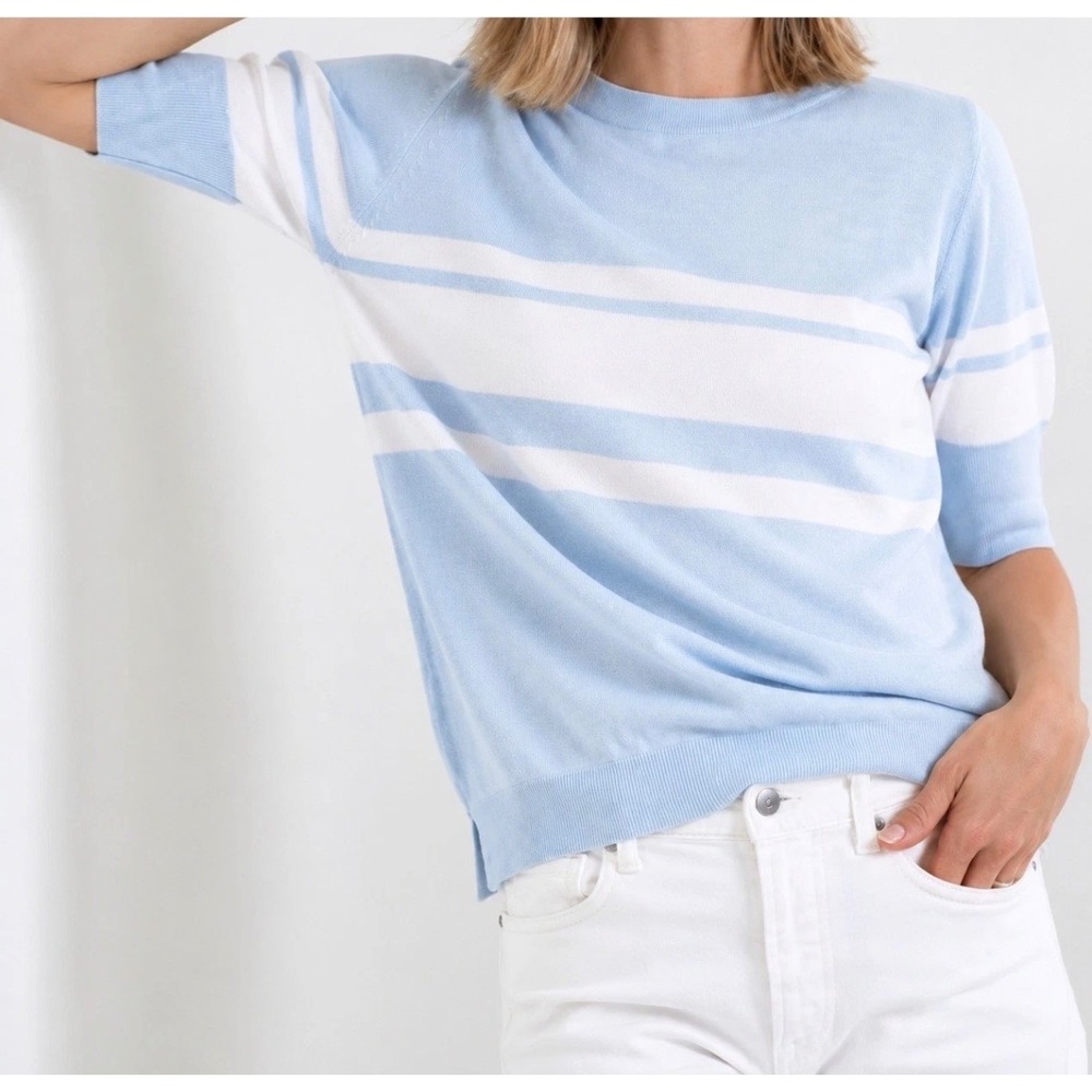 Mer Sea Courte Short Sleeve Sweater Women XL Blue Striped Crew Neck Knit Top